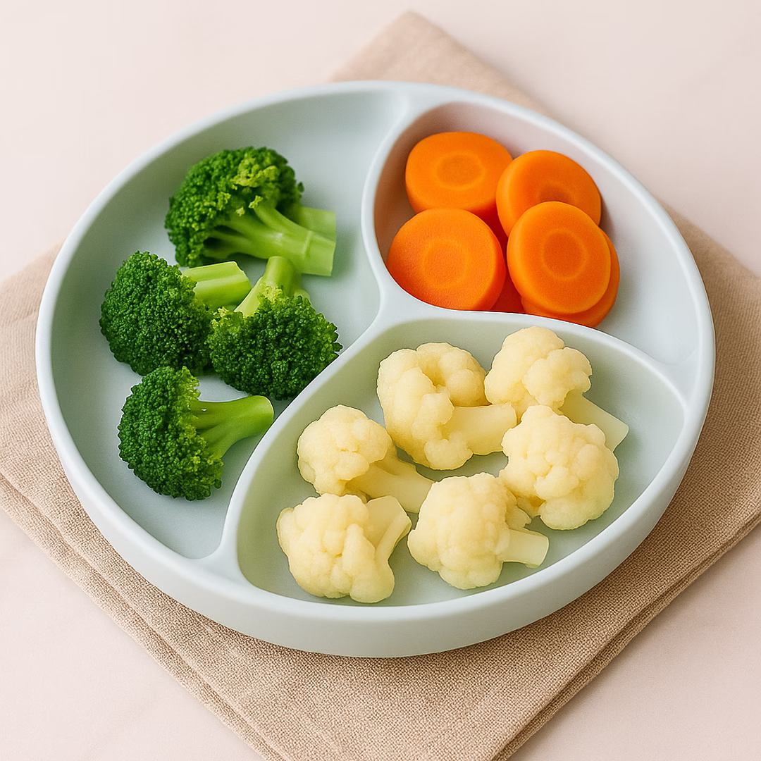 Buharda pişirilmiş brokoli, havuç ve kabak gibi sebzeler bebek ek gıdası için hazırlanıyor.