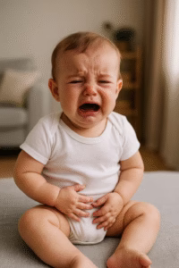 Kabızlık nedeniyle huzursuz olan, ağlamaklı yüz ifadesiyle beşiğinde oturan bebek