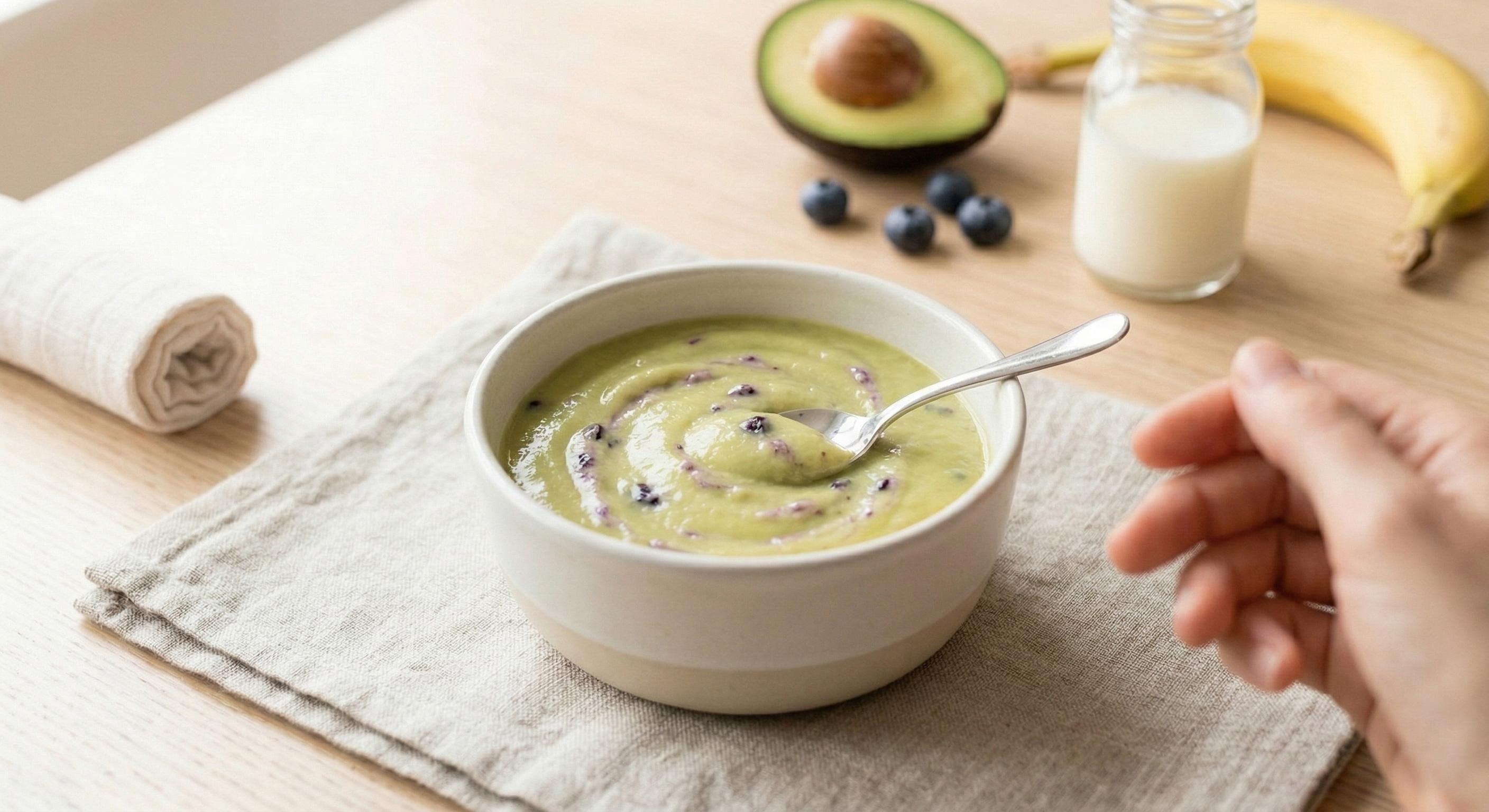 Avokado, muz ve yaban mersini ile hazırlanmış beyin dostu bebek pudingi ek gıda tarifi sunumu.