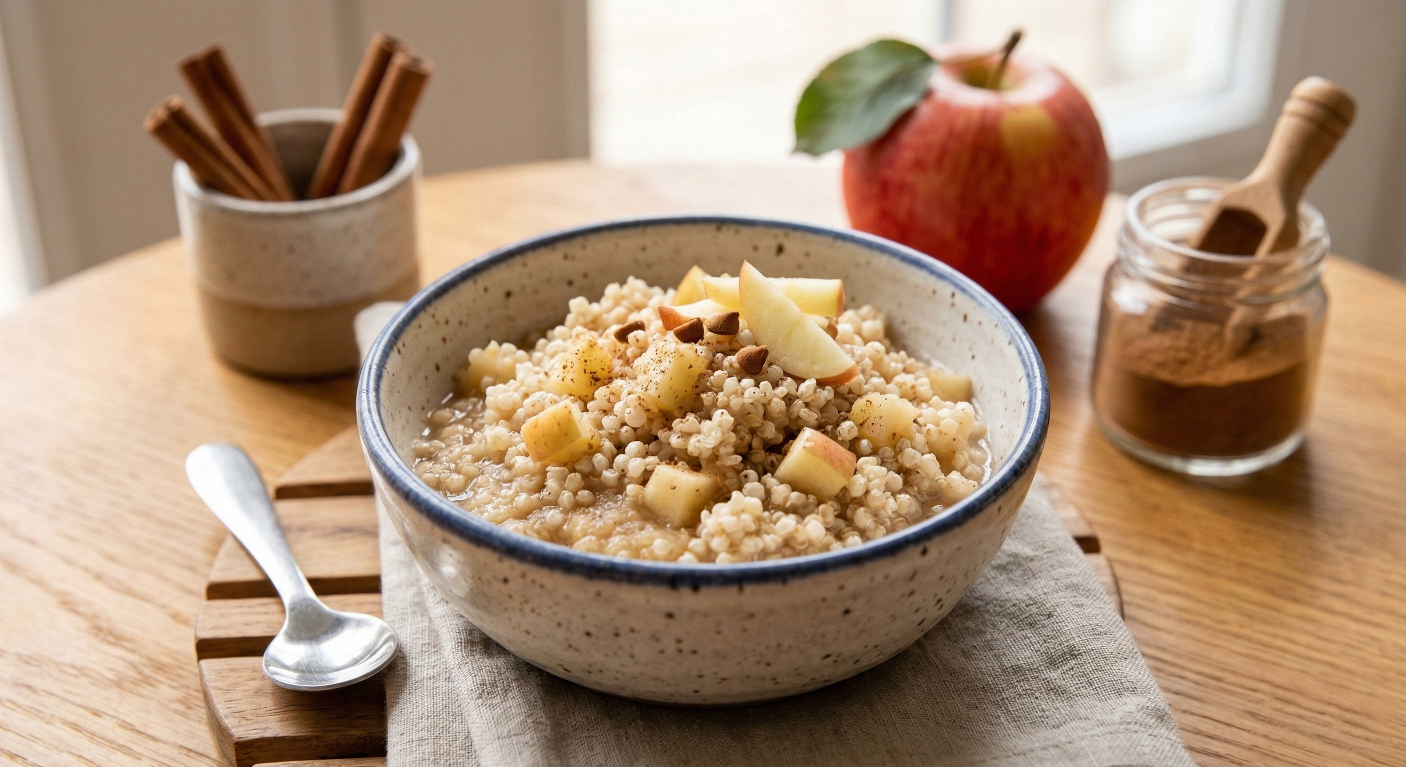 Kinoa ve elmalı, tarçınla lezzetlendirilmiş sağlıklı bebek ek gıda pudingi sunumu.